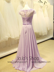 Grecian Modest Lavender Floral Prom Formal Evening Dress