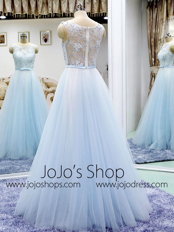 Powder Blue Long Evening Dress with Flowers | K001