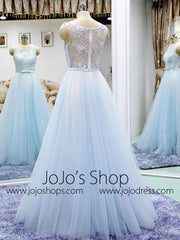 Powder Blue Long Evening Dress with Flowers | K001