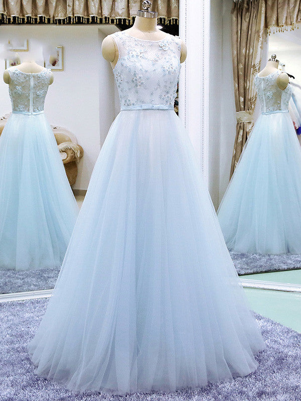 Powder Blue Long Evening Dress with Flowers | K001