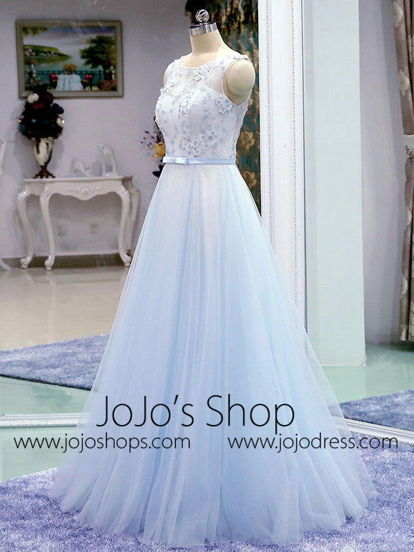 Powder Blue Long Evening Dress with Flowers | K001
