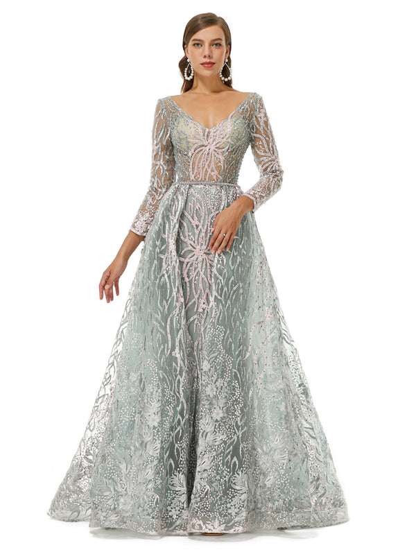 Silver Glitter Lace Maxi Ball Gown Formal Prom Gala Dress EN4512