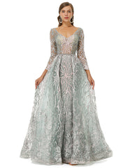 Silver Glitter Lace Maxi Ball Gown Formal Prom Gala Dress EN4512
