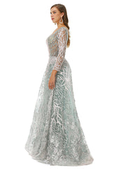 Silver Glitter Lace Maxi Ball Gown Formal Prom Gala Dress EN4512