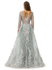 Silver Glitter Lace Maxi Ball Gown Formal Prom Gala Dress EN4512