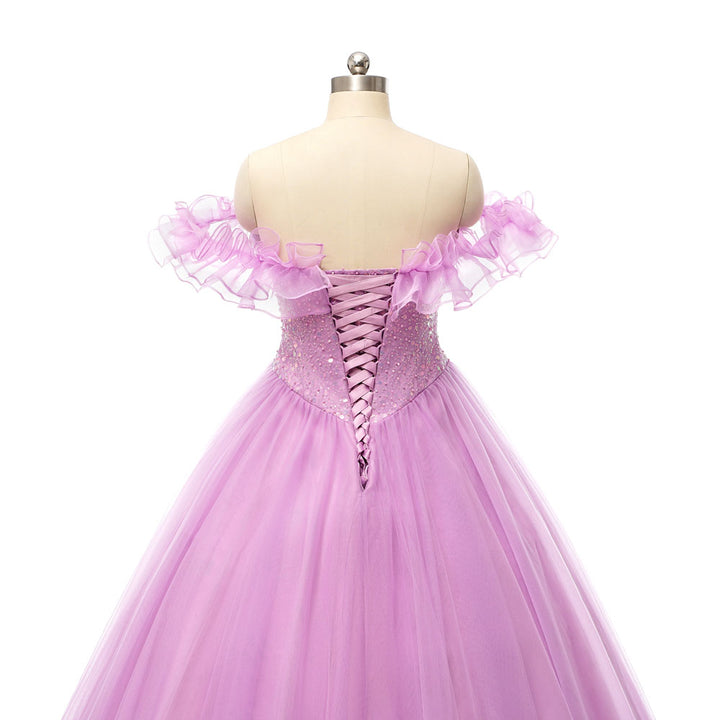 Pink Lilac Floor Length Formal Prom Dress with Off the Shoulder Neckline EN5403