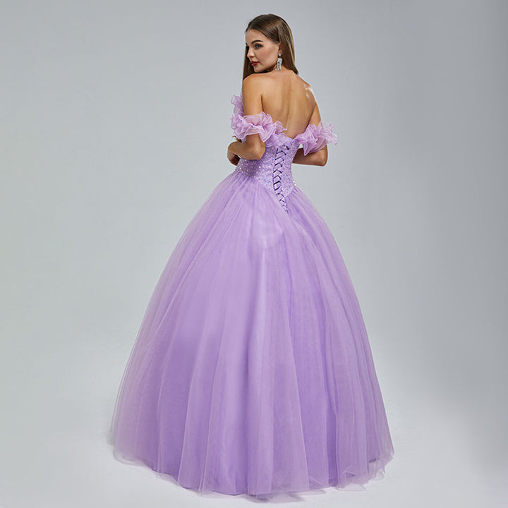Lilac Purple Floor Length Formal Prom Dress with Off the Shoulder Neckline EN5403