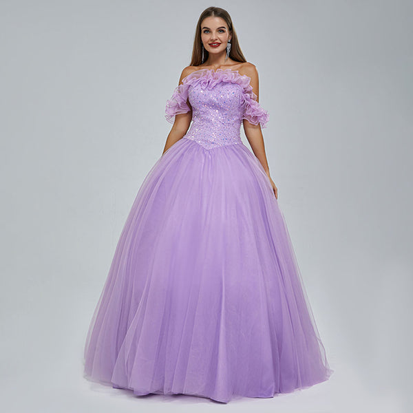 Lilac Purple Floor Length Formal Prom Dress with Off the Shoulder Neckline EN5403