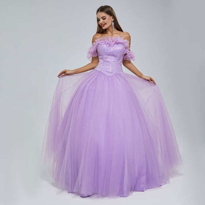 Lilac Purple Floor Length Formal Prom Dress with Off the Shoulder Neckline EN5403