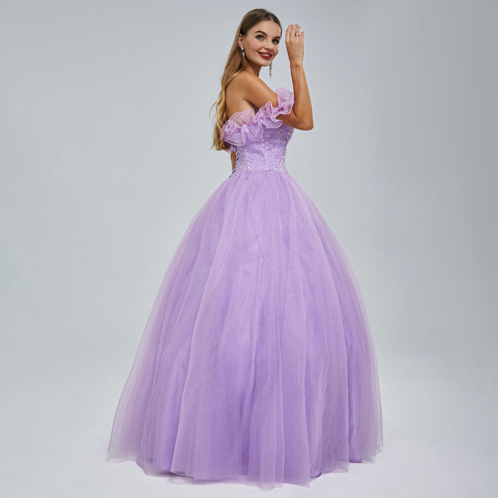 Lilac Purple Floor Length Formal Prom Dress with Off the Shoulder Neckline EN5403