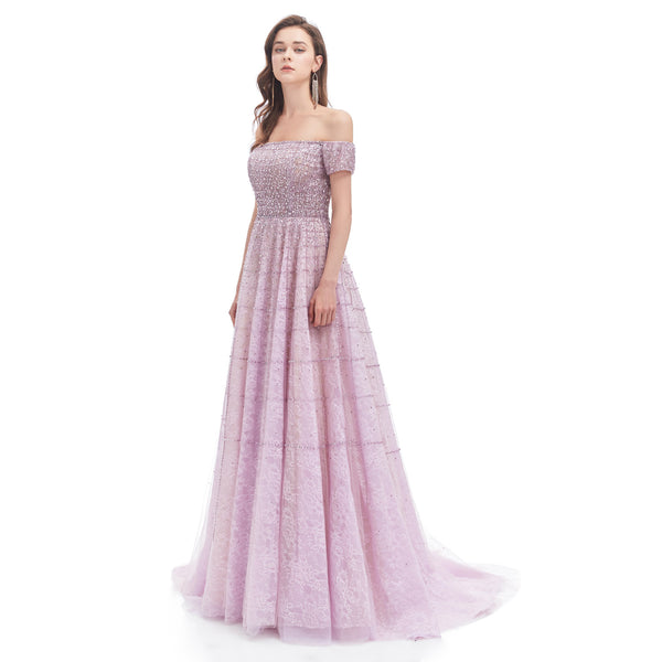 Pastel Lavender Maxi Formal Dress with Off the Shoulder Neckline EN4619