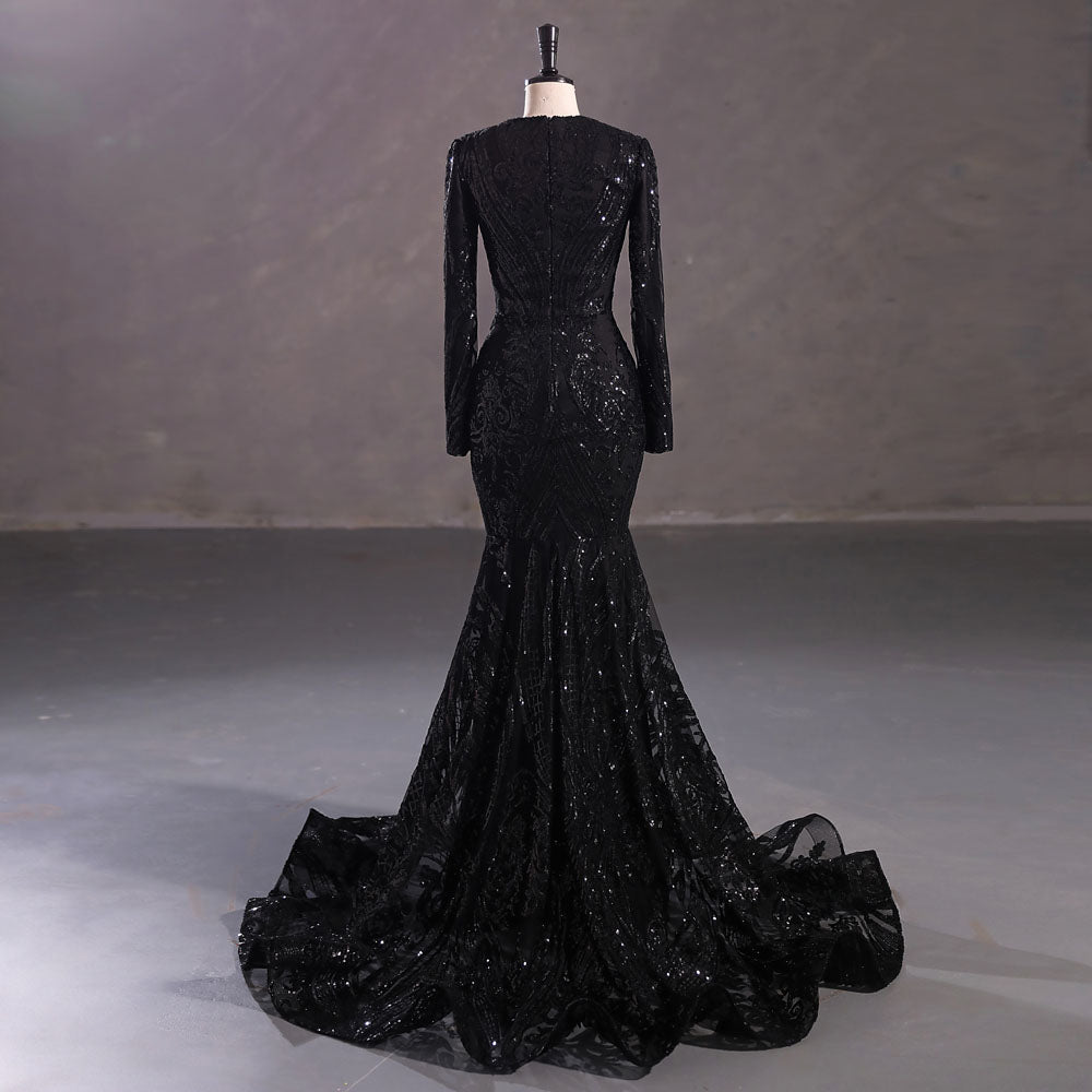 Maxi Black Sequins Lace Mermaid Formal Evening Prom Dress EN5410