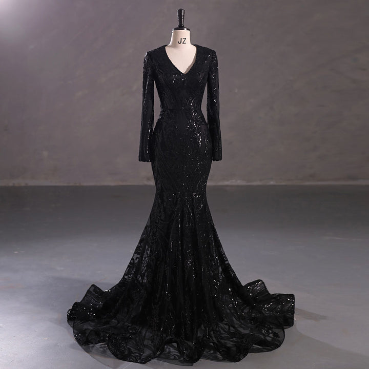 Maxi Black Sequins Lace Mermaid Formal Evening Prom Dress EN5410