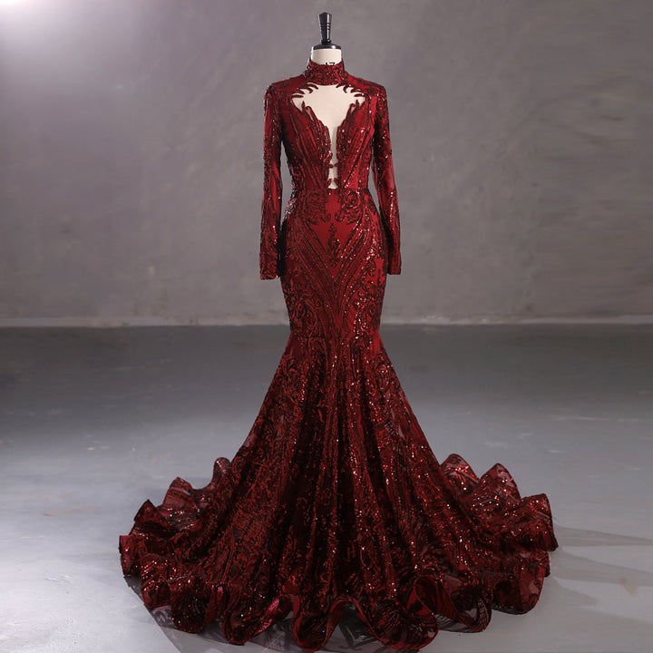Hot Long Burgundy Sequins Lace Formal Evening Dress with Halter Neck EN5411