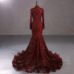 Hot Long Burgundy Sequins Lace Formal Evening Dress with Halter Neck EN5411