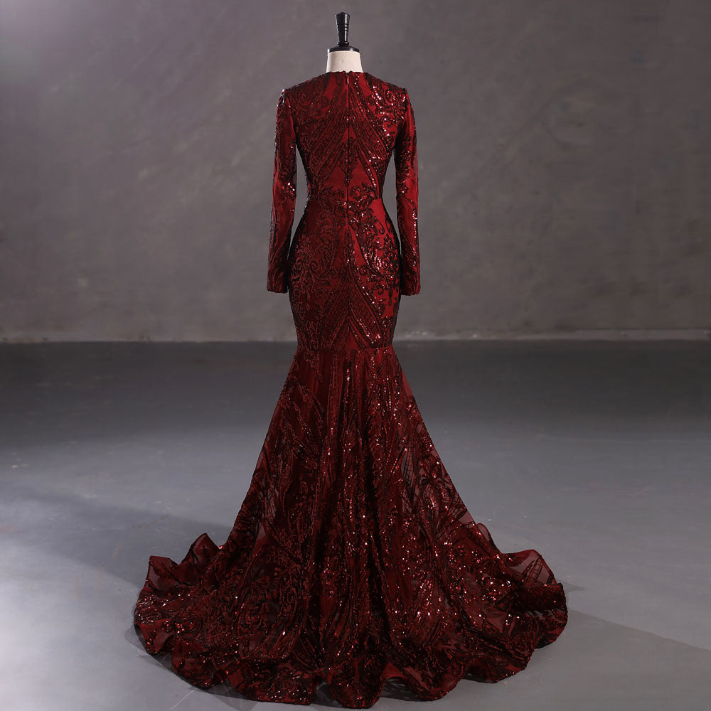 Maxi Burgundy Sequins Lace Mermaid Formal Evening Prom Dress EN5410