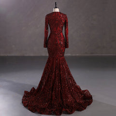 Maxi Burgundy Sequins Lace Mermaid Formal Evening Prom Dress EN5410