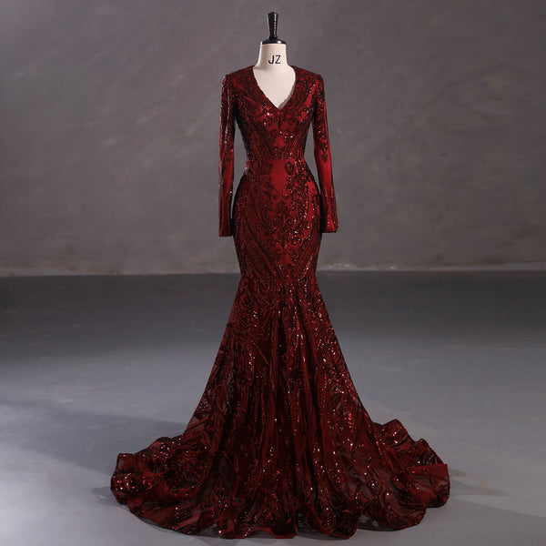 Maxi Burgundy Sequins Lace Mermaid Formal Evening Prom Dress EN5410