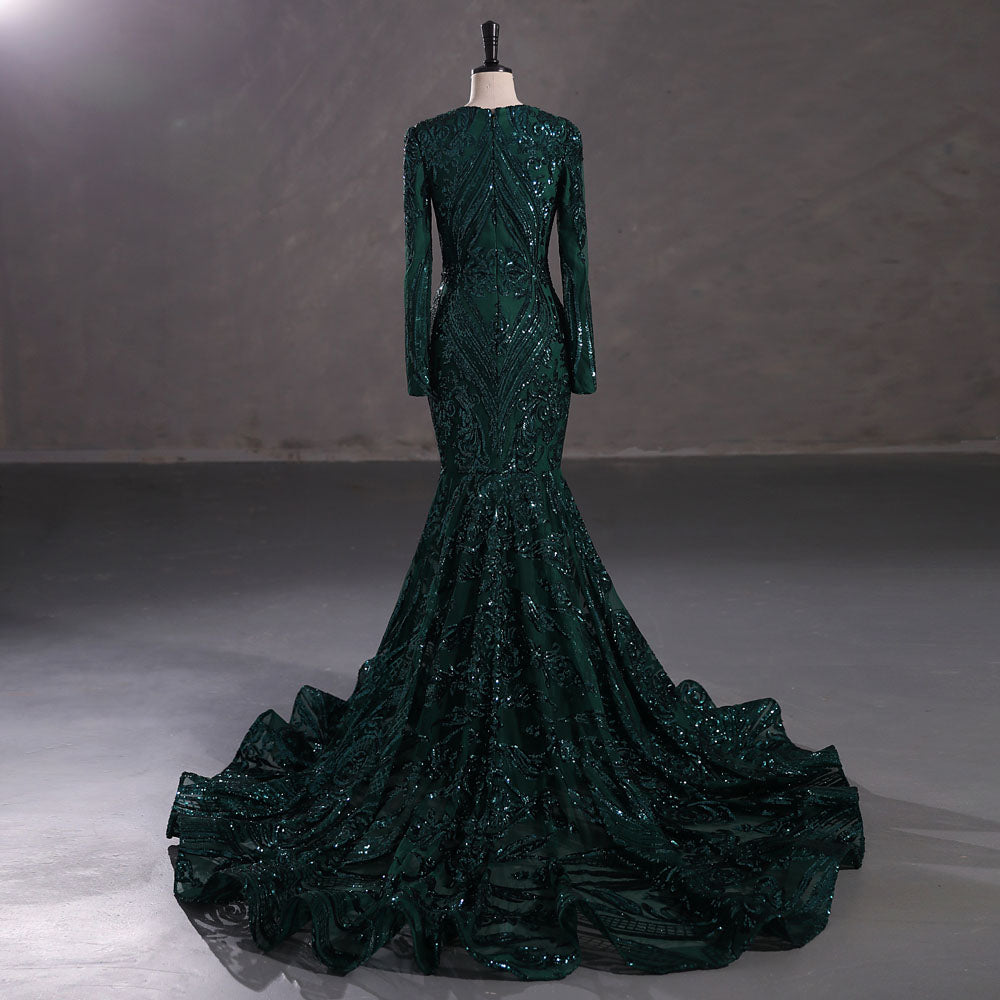 Dark Green Long Fitted Sequins Lace Mermaid Evening Dress with Plunging Neck EN5405 Size 6 / Green Dark Green Long Fitted Sequins Lace Mermaid Evening Dress with Plunging Neck EN5405 Size 6 / Green