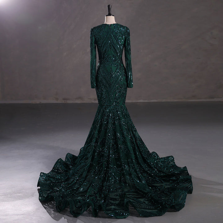Dark Green Long Fitted Sequins Lace Mermaid Evening Dress with Plunging Neck EN5405