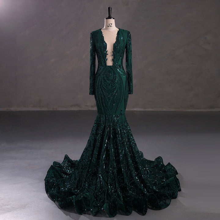 Dark Green Long Fitted Sequins Lace Mermaid Evening Dress with Plunging Neck EN5405
