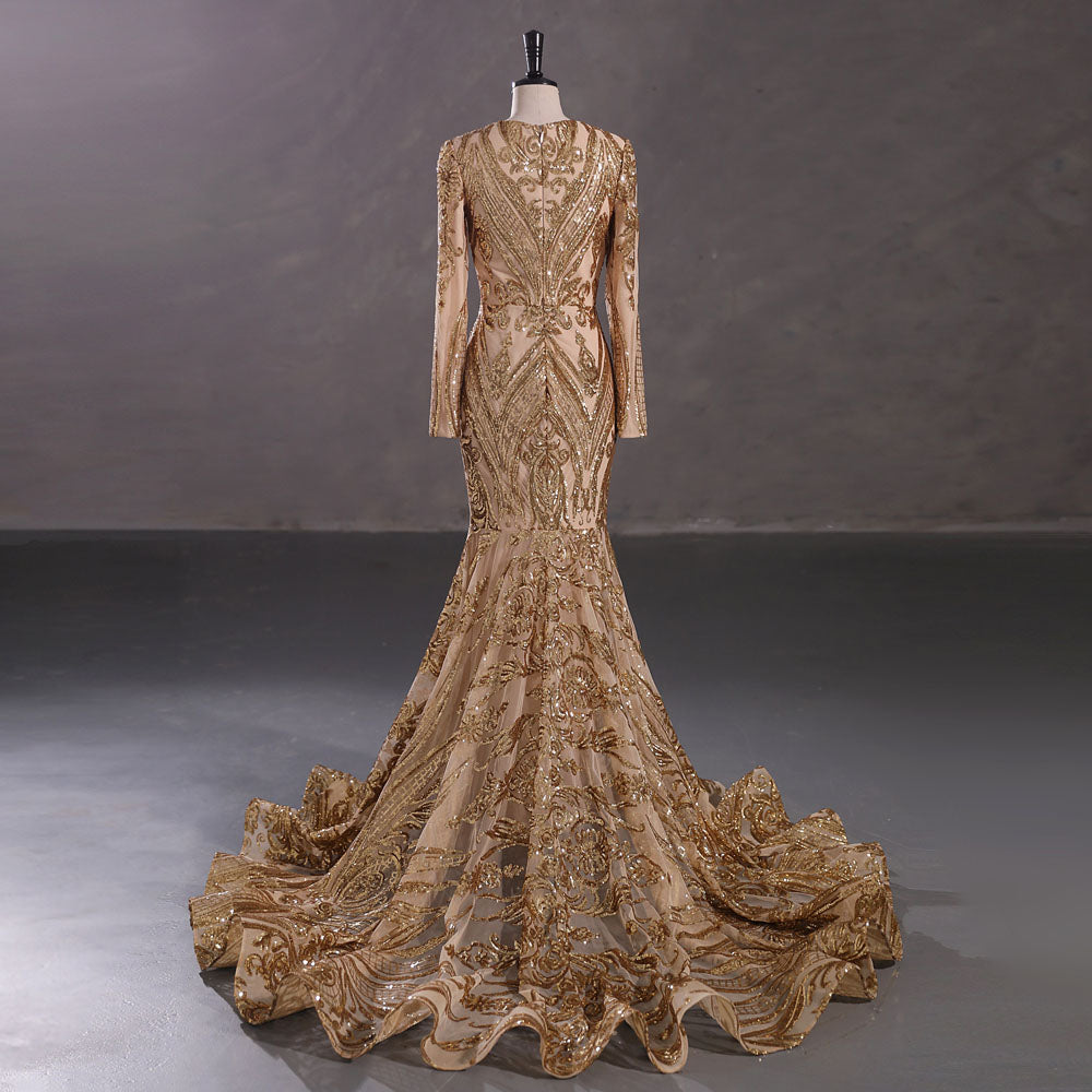 Gold Long Fitted Sequins Lace Mermaid Evening Dress with Plunging Neck EN5405