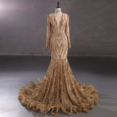 Gold Long Fitted Sequins Lace Mermaid Evening Dress with Plunging Neck EN5405