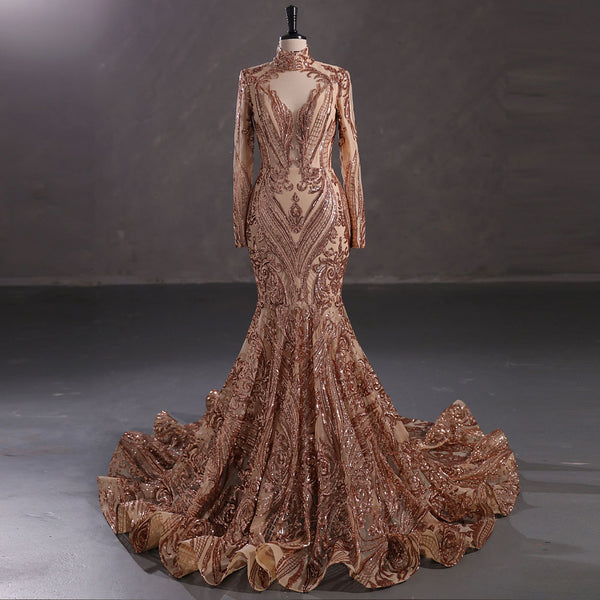 Hot Long Gold Sequins Lace Formal Evening Dress with Halter Neck EN5411