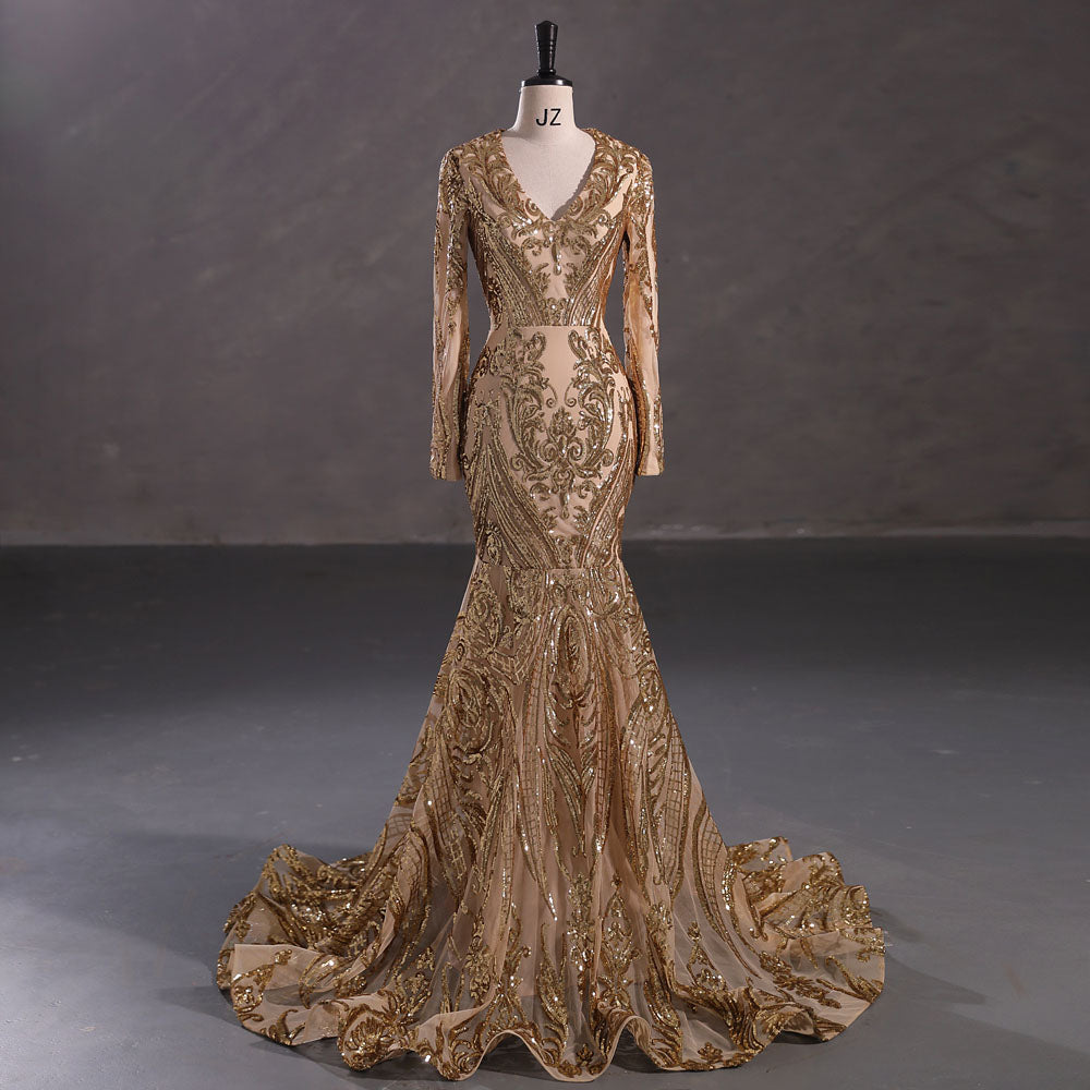 Maxi Gold Sequins Lace Mermaid Formal Evening Prom Dress EN5410