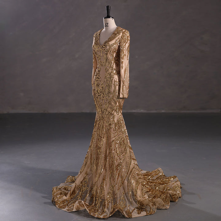 Maxi Gold Sequins Lace Mermaid Formal Evening Prom Dress EN5410