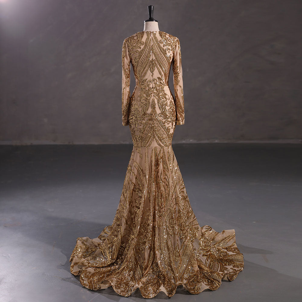 Maxi Gold Sequins Lace Mermaid Formal Evening Prom Dress EN5410