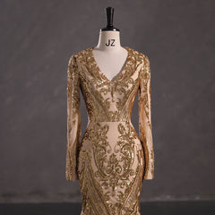Maxi Gold Sequins Lace Mermaid Formal Evening Prom Dress EN5410