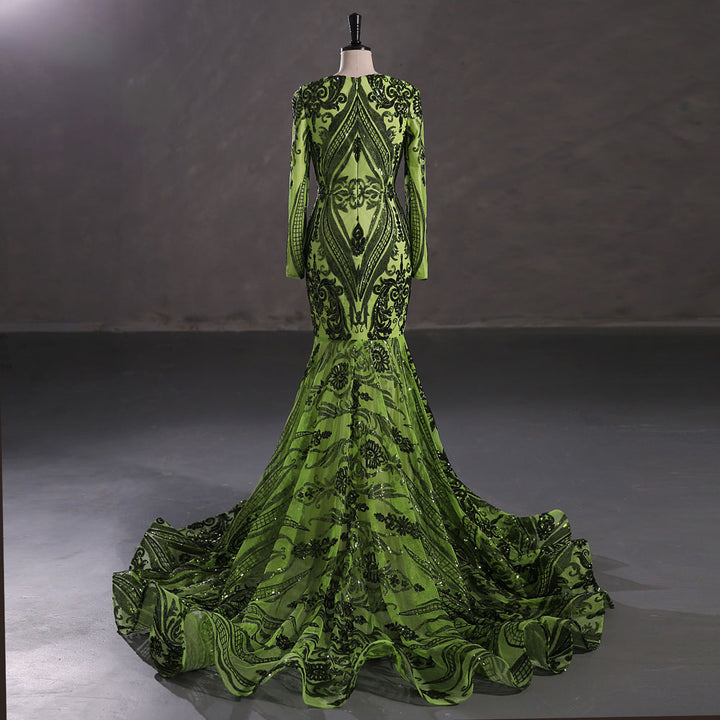 Green Long Fitted Sequins Lace Mermaid Evening Dress with Plunging Neck EN5405