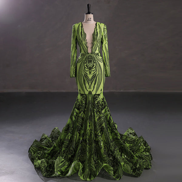 Green Long Fitted Sequins Lace Mermaid Evening Dress with Plunging Neck EN5405