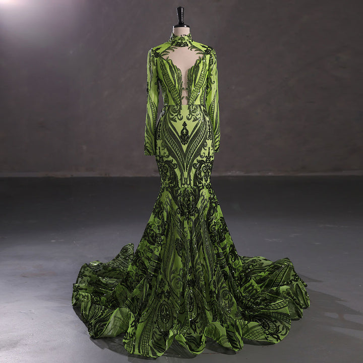 Hot Long Green Sequins Lace Formal Evening Dress with Halter Neck EN5411