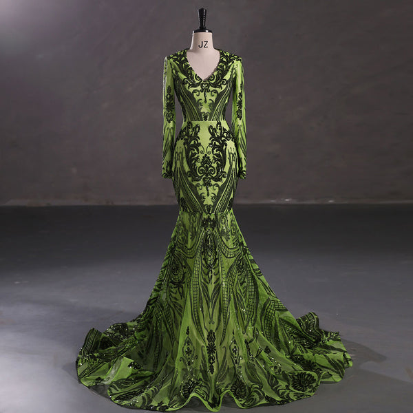Maxi Green Sequins Lace Mermaid Formal Evening Prom Dress EN5410