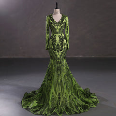 Maxi Green Sequins Lace Mermaid Formal Evening Prom Dress EN5410