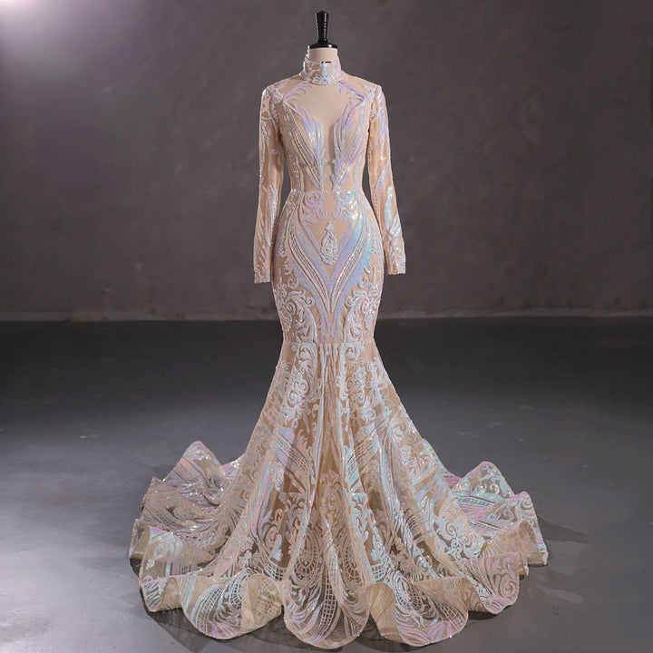 Hot Long Iridescent Sequins Lace Formal Evening Dress with Halter Neck EN5411