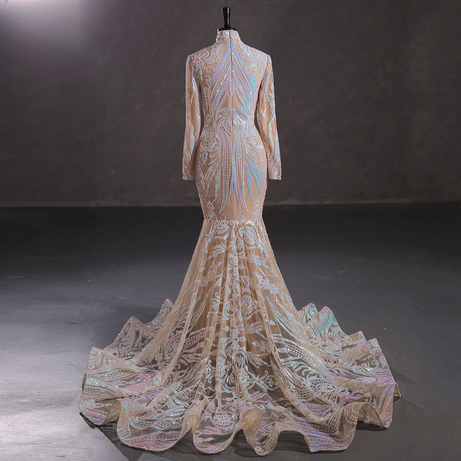 Hot Long Iridescent Sequins Lace Formal Evening Dress with Halter Neck