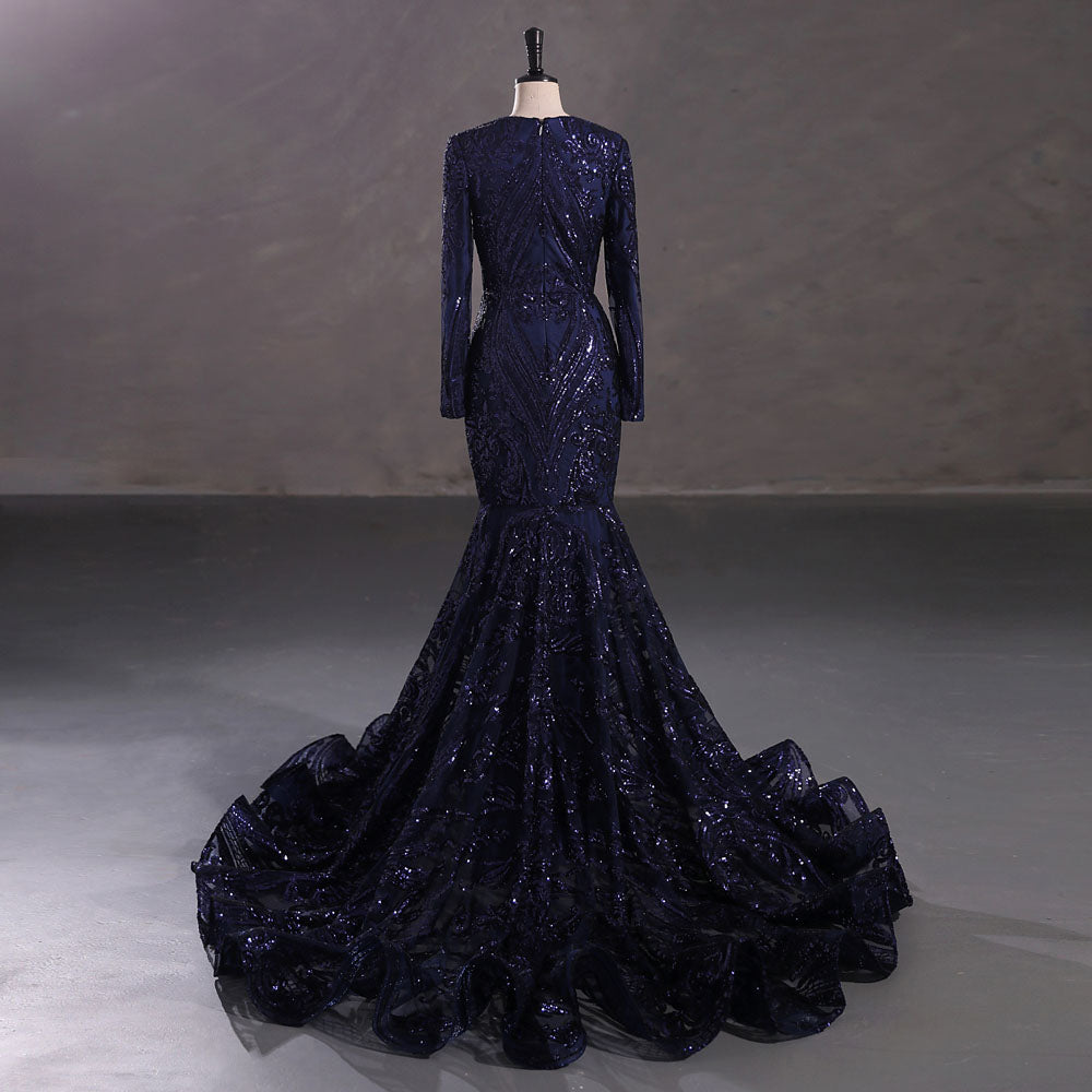 Navy Long Fitted Sequins Lace Mermaid Evening Dress with Plunging Neck EN5405
