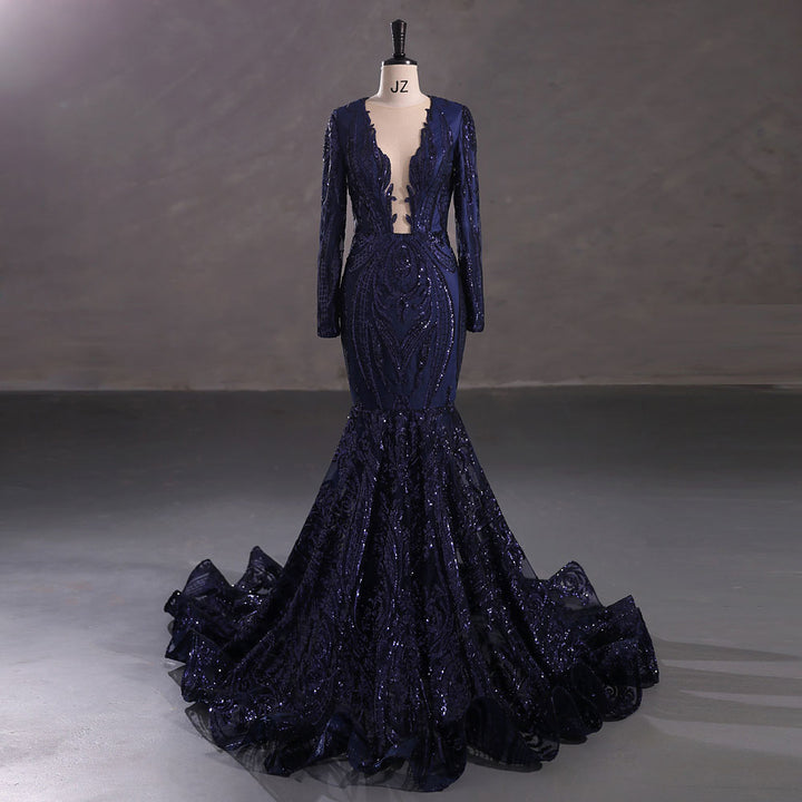 Navy Long Fitted Sequins Lace Mermaid Evening Dress with Plunging Neck EN5405