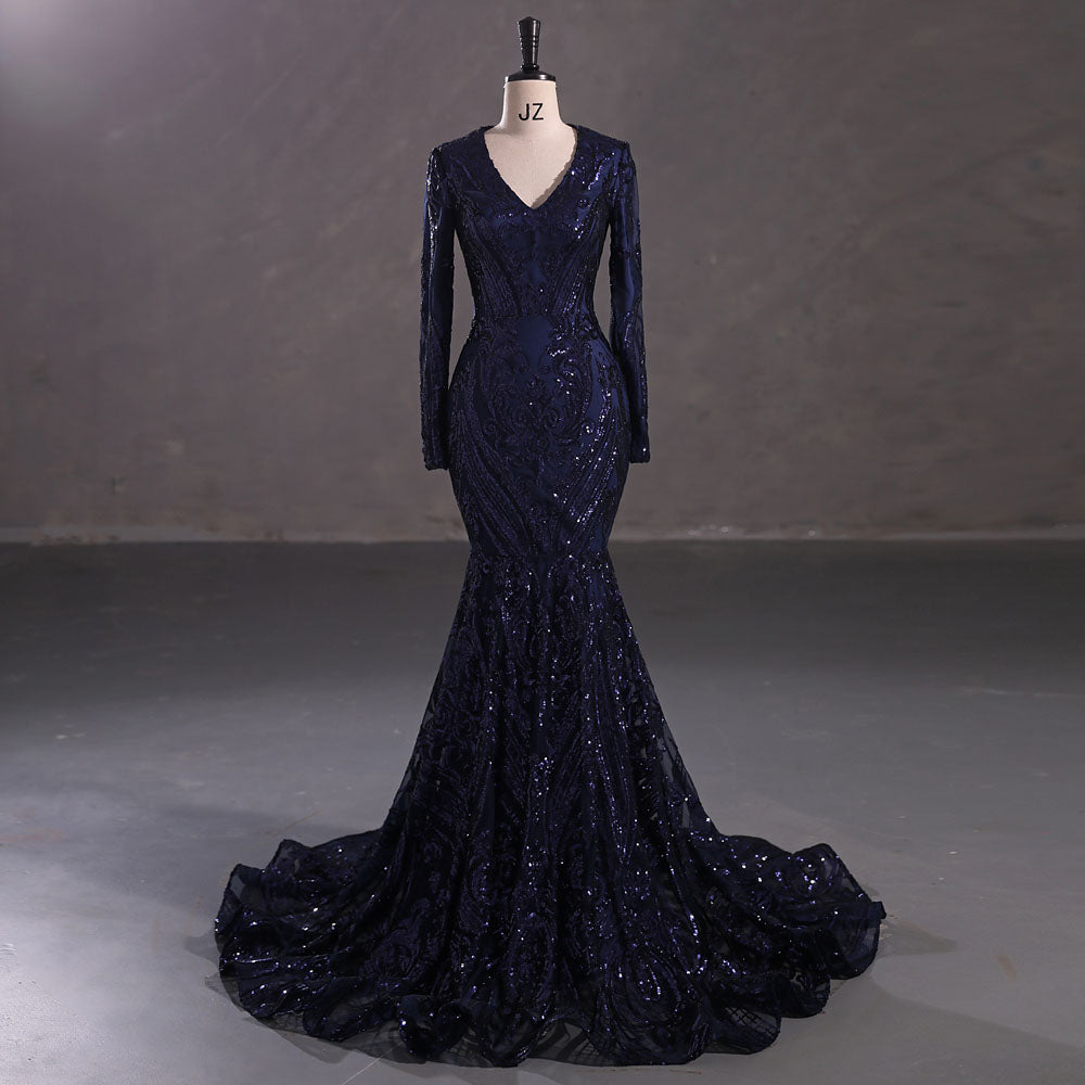Maxi Navy Sequins Lace Mermaid Formal Evening Prom Dress EN5410