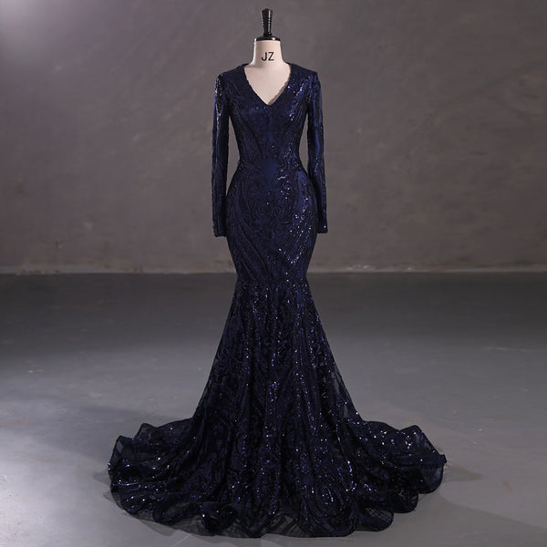 Maxi Navy Sequins Lace Mermaid Formal Evening Prom Dress EN5410