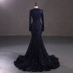 Maxi Navy Sequins Lace Mermaid Formal Evening Prom Dress EN5410