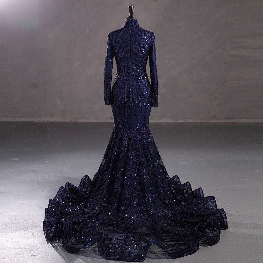 Hot Long Navy Sequins Lace Formal Evening Dress with Halter Neck EN5411