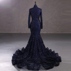 Hot Long Navy Sequins Lace Formal Evening Dress with Halter Neck EN5411
