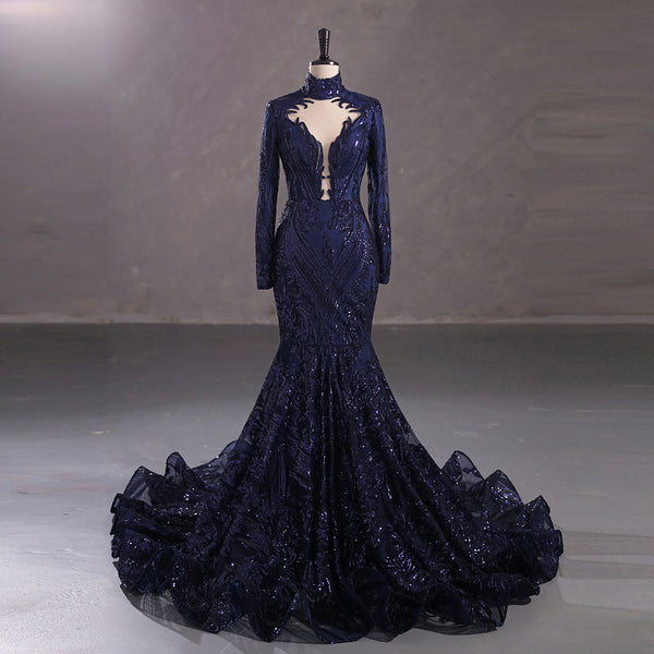 Hot Long Navy Sequins Lace Formal Evening Dress with Halter Neck EN5411