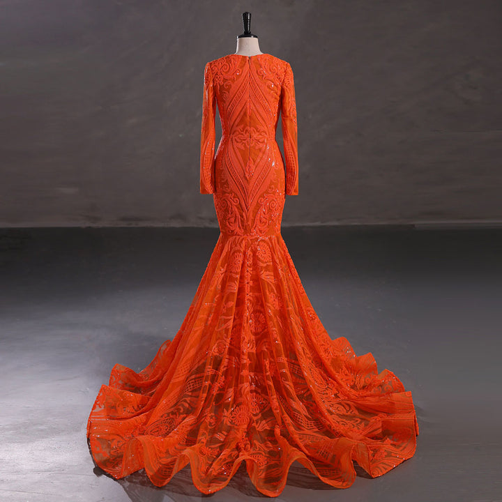 Neon Orange Long Fitted Sequins Lace Mermaid Evening Dress with Plunging Neck EN5405