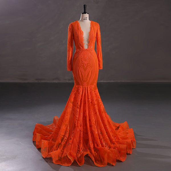 Neon Orange Long Fitted Sequins Lace Mermaid Evening Dress with Plunging Neck EN5405