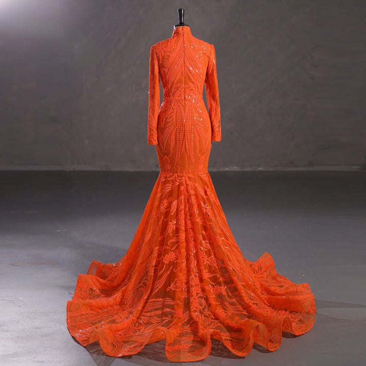 Hot Long Orange Sequins Lace Formal Evening Dress with Halter Neck EN5411